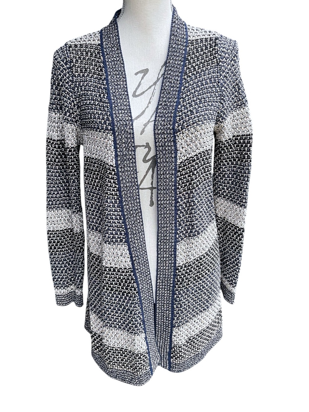 IMNYC Isaac Mizrahi Navy/White/Tan/Gold Striped Knit Sweater Cardigan (M)